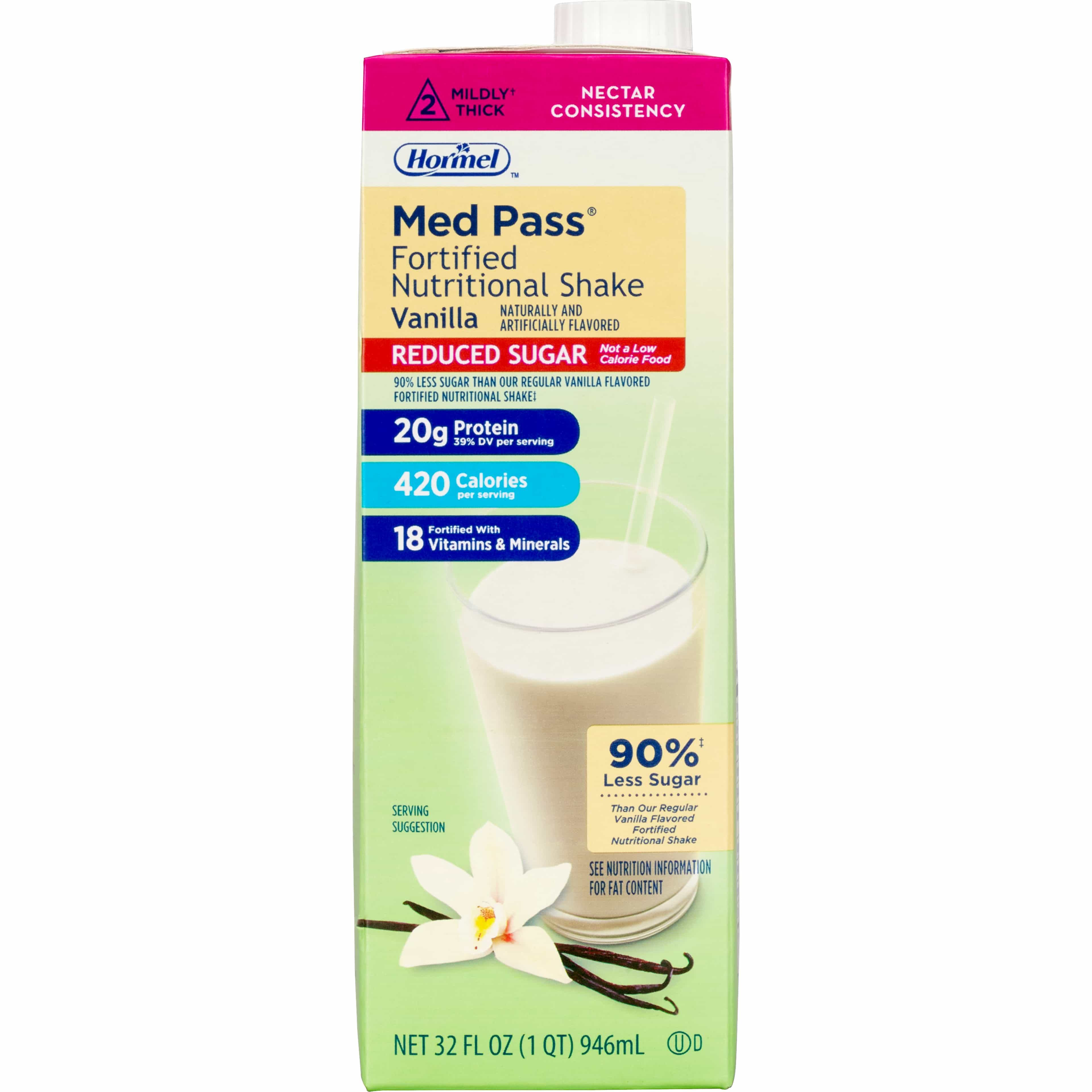 Hormel Med Pass Reduced Sugar Fortified Nutritional Shake, Vanilla, Nectar Consistency, 32 oz.